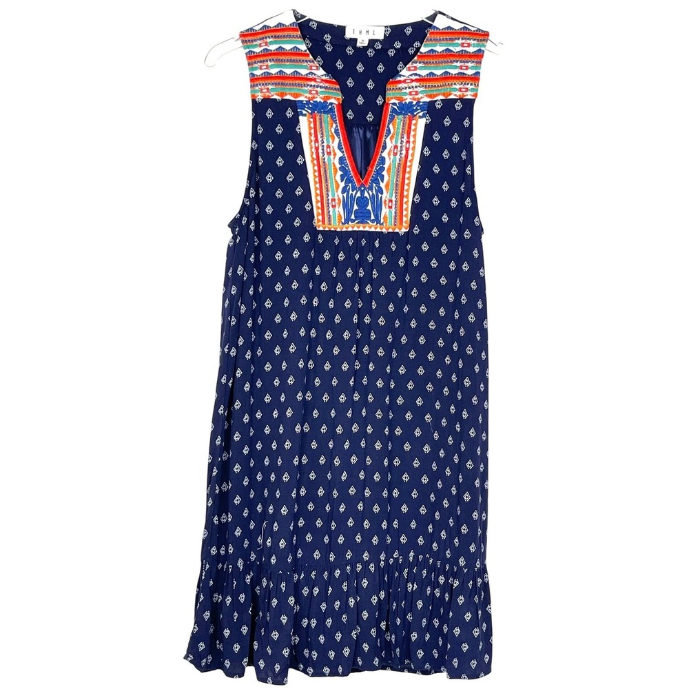 Anthropology THML Embroidered Boho Mini Dress Womens Medium Navy Blue Sleeveless - Picture 2 of 13